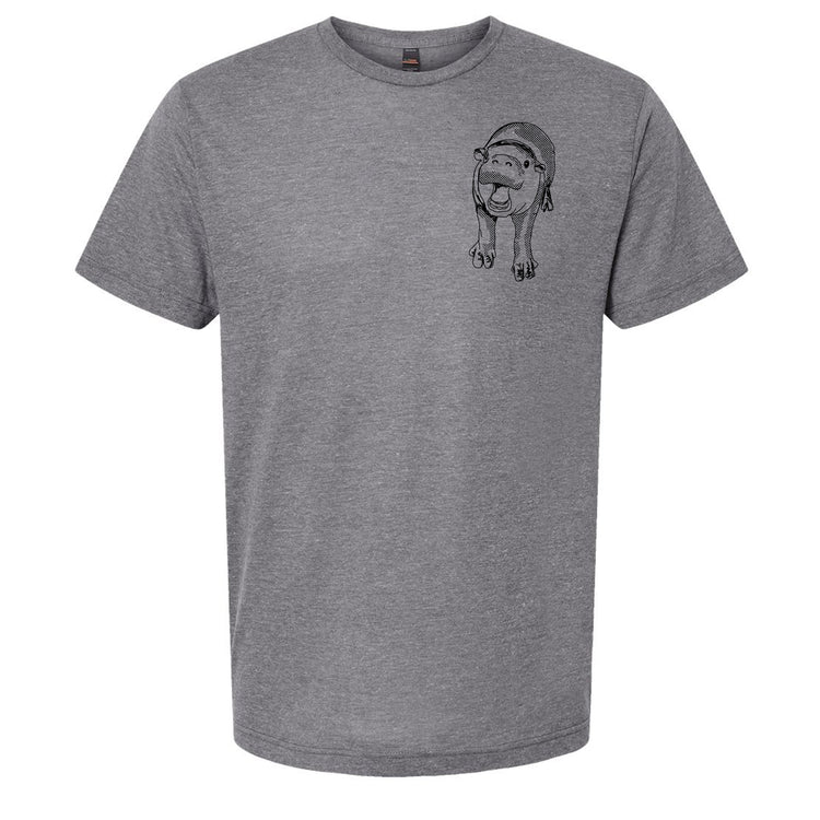A gray t-shirt with a black graphic design on the left side depicting a cartoon-like character wearing a helmet.