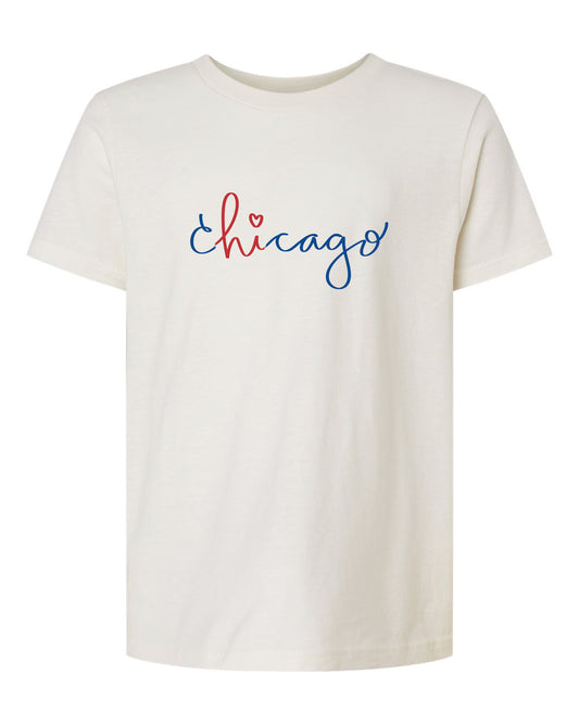 A white t-shirt with the word "Chicago" written in cursive blue and red text.