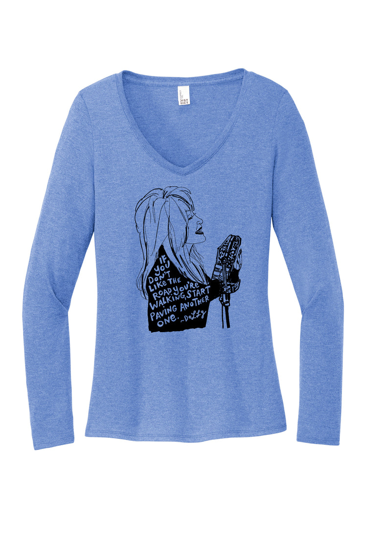 a blue shirt with a drawing of a woman holding a microphone