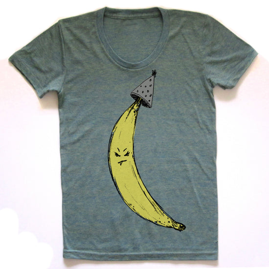 A gray t-shirt with a cartoon banana wearing a party hat.