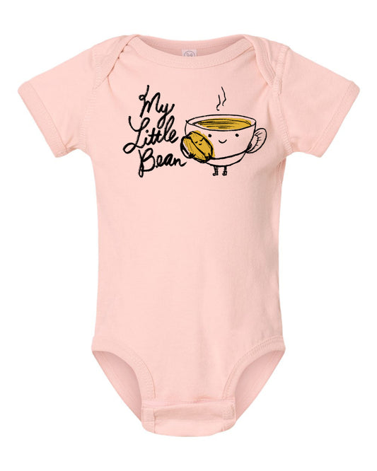 a baby bodysuit with a cup of coffee on it