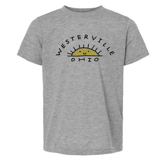A gray t-shirt with a graphic design featuring a sun and the text "WESTERVILLE OHIO" printed on it.
