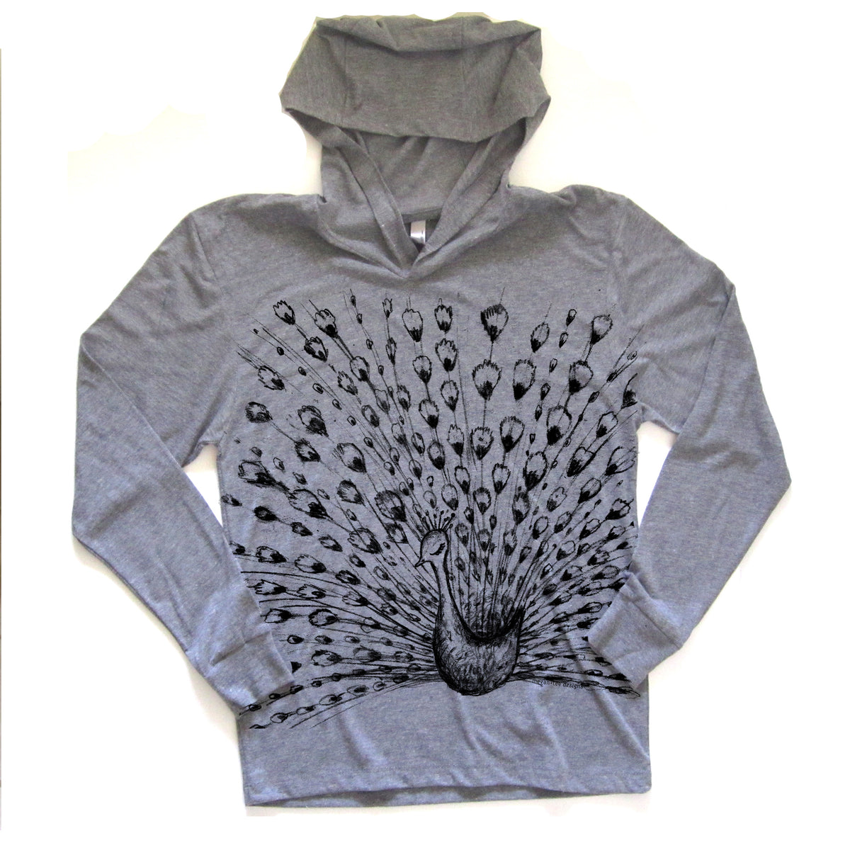 A gray hooded sweatshirt with a black and white graphic of a peacock on the front.