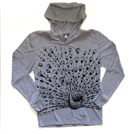 A gray hooded sweatshirt with a black and white graphic of a peacock on the front.