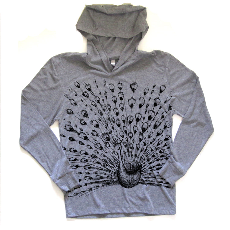 A gray hooded sweatshirt with a black and white graphic of a peacock on the front.