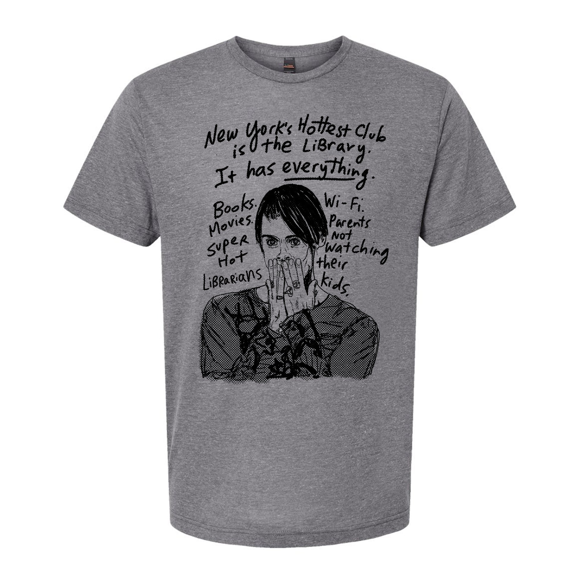 a person with their hand covering their mouth, and there is text surrounding the image that reads "New York's hottest club It has everything. It has books, movies, super hot hot tubs, and parents watching their kids."