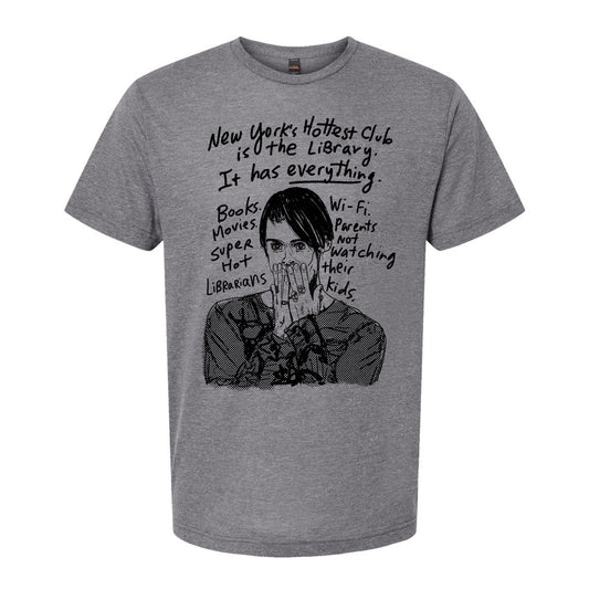 a person with their hand covering their mouth, and there is text surrounding the image that reads "New York's hottest club It has everything. It has books, movies, super hot hot tubs, and parents watching their kids."