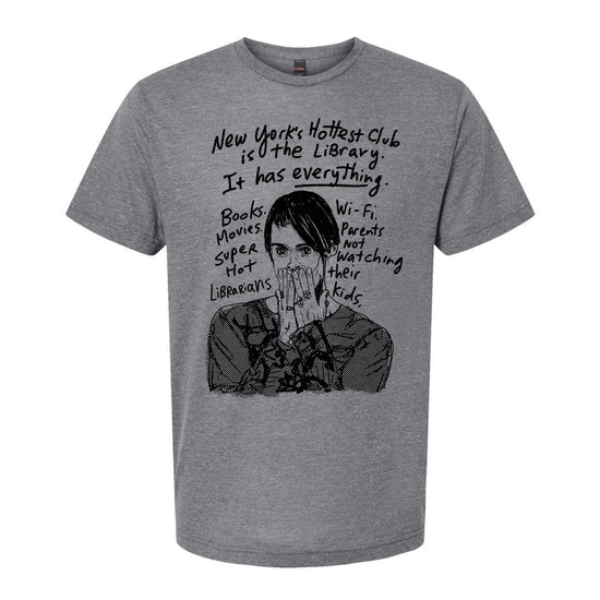 a person with their hand covering their mouth, and there is text surrounding the image that reads "New York's hottest club It has everything. It has books, movies, super hot hot tubs, and parents watching their kids."