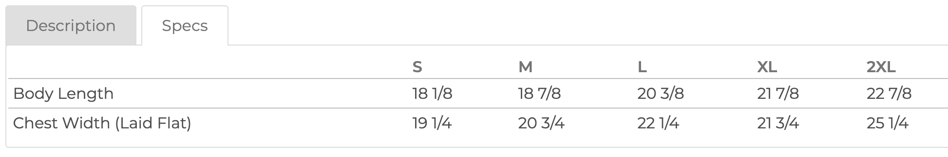 a table with various sizes and descriptions of clothing items, including a description of a shirt and a description of a pair of pants.