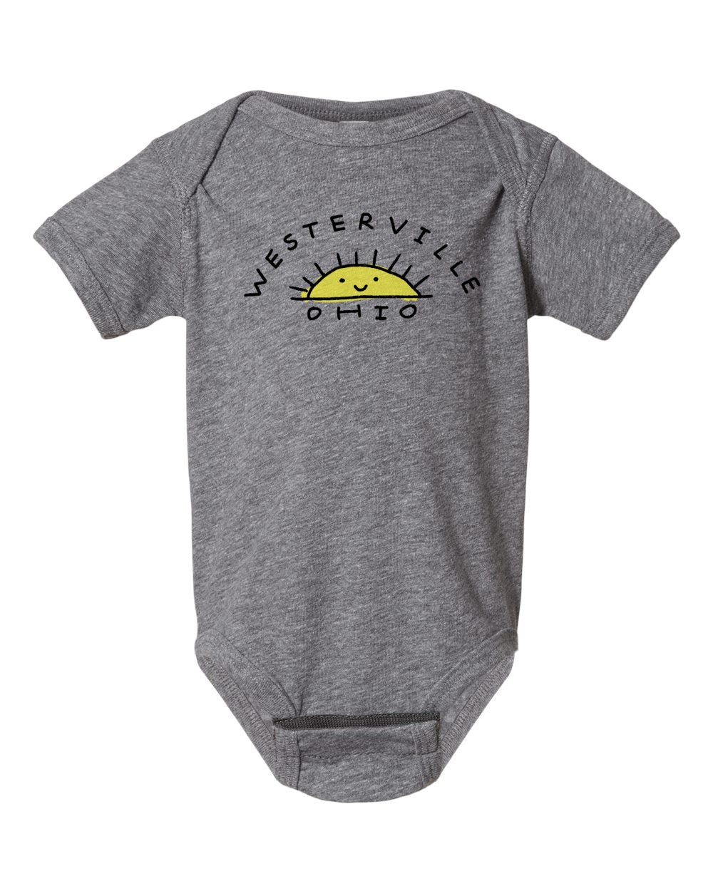 A gray baby onesie with the text "WESTERVILLE OHIO" printed on it.
