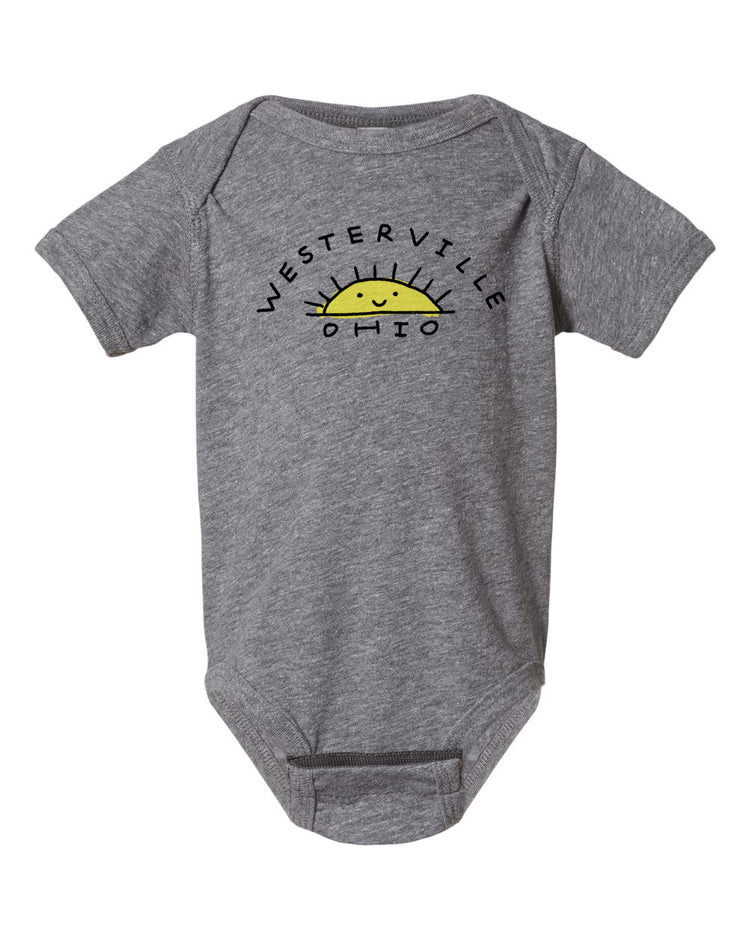 A gray baby onesie with the text "WESTERVILLE OHIO" printed on it.