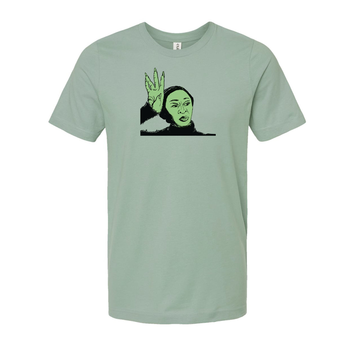 A t-shirt with a graphic design depicting a person's face with raised arms.