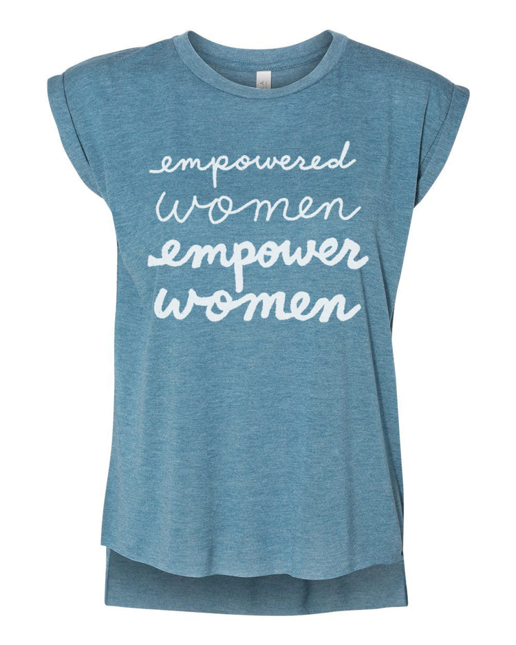 A blue t-shirt with the text "empowered women empower women" printed on it in white lettering.