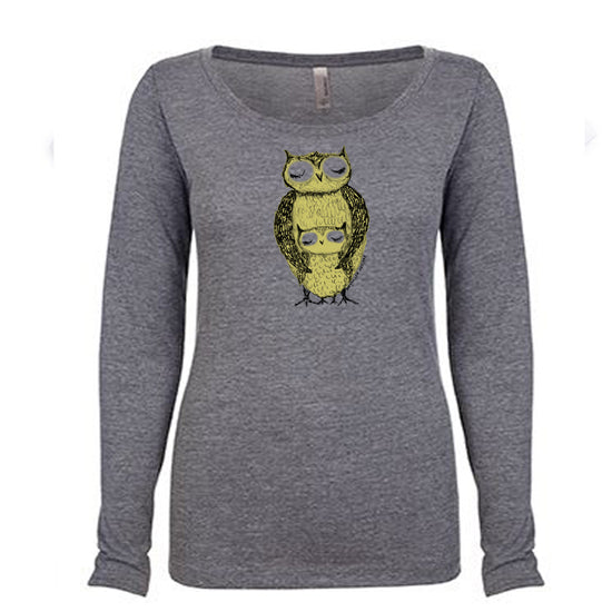 A gray long-sleeved t-shirt with a graphic of an owl on the front.