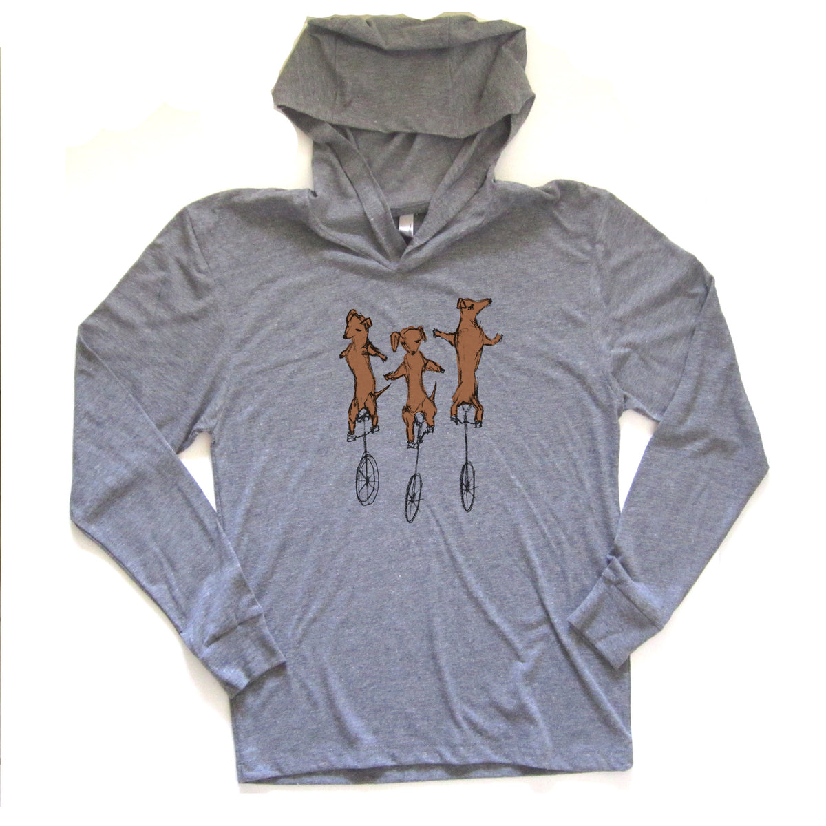 A gray hoodie with a graphic design of three cartoon dogs riding unicycles.