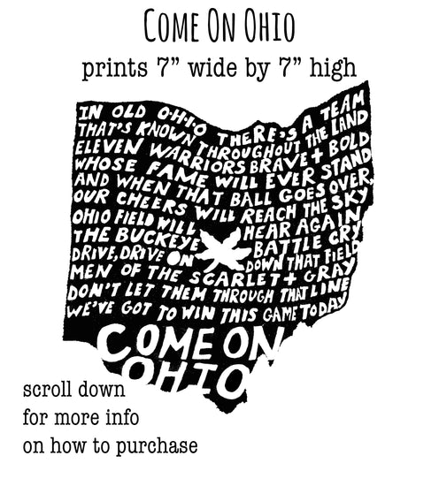The image is a black and white graphic with text that reads "Come on Ohio" and "Come down for more info on how to purchase". The text is arranged in a way that it fills the entire image, creating a visually striking and cohesive design.