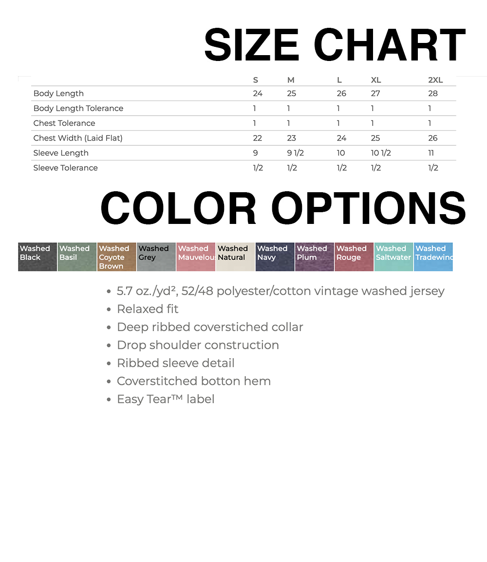 The image is a size chart that provides information about the size and color options of a garment.