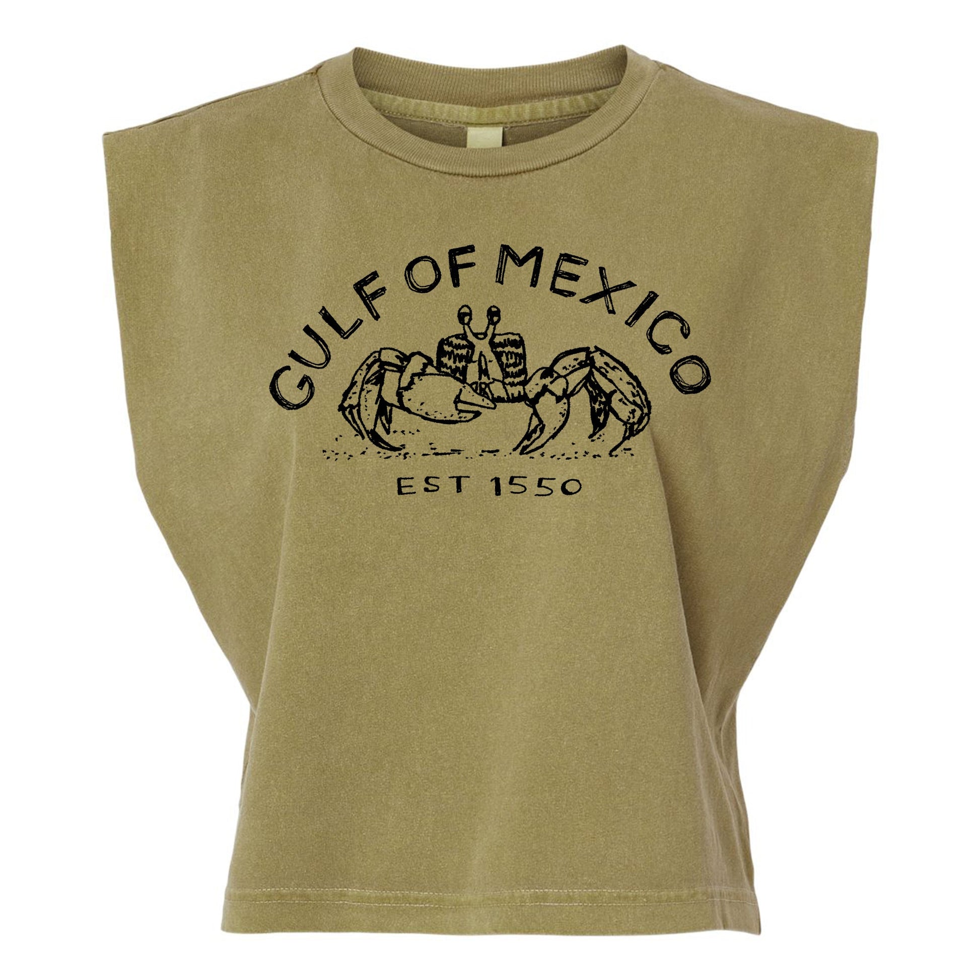 A beige t-shirt with a graphic design featuring a crab and the text "Gulf of Mexico" and "EST 1550".
