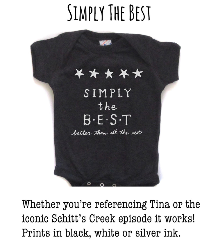 A black baby onesie with white text and stars on it.