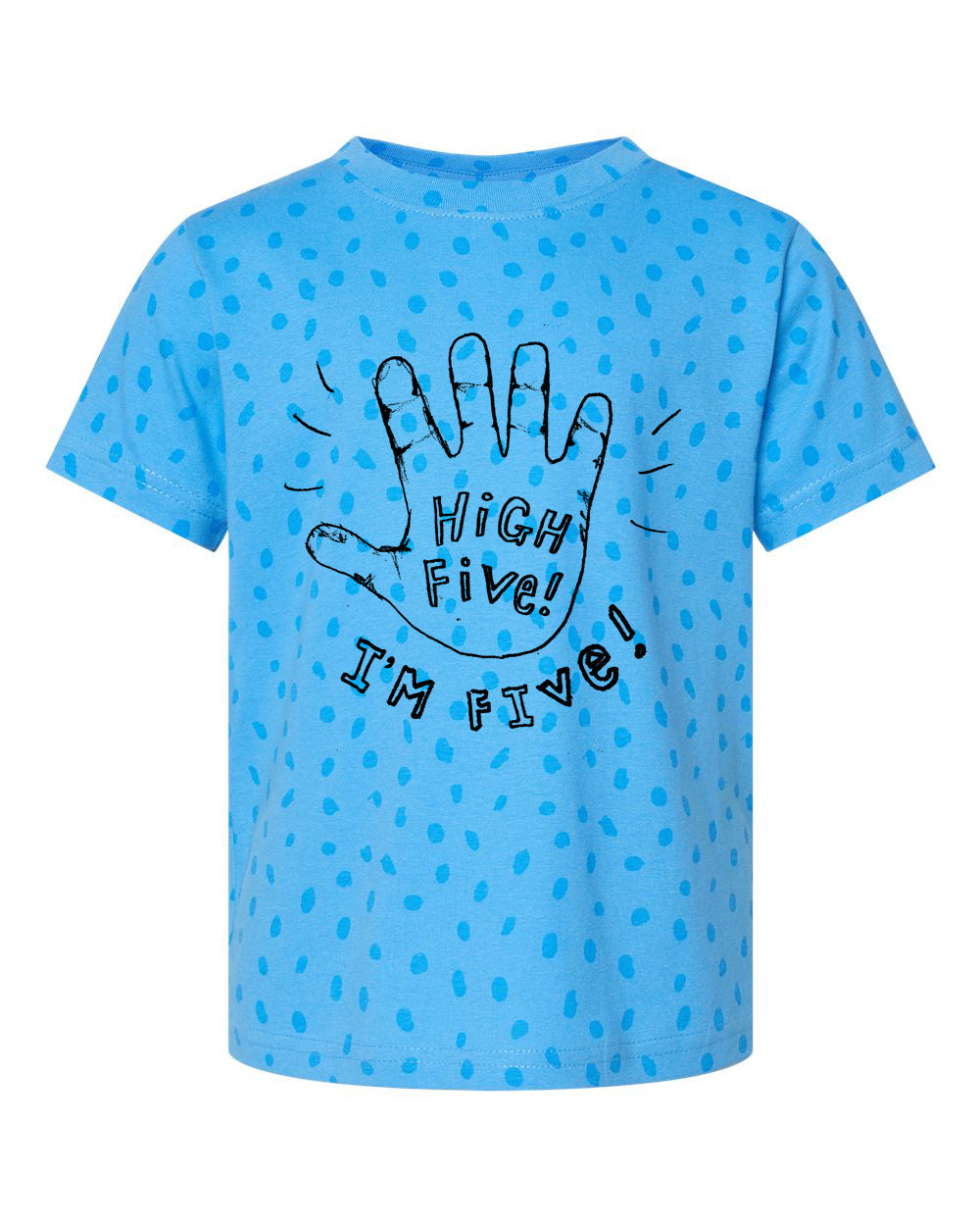A blue polka dot t-shirt with a handprint graphic and the text "High Five! I'm five!" printed on it.