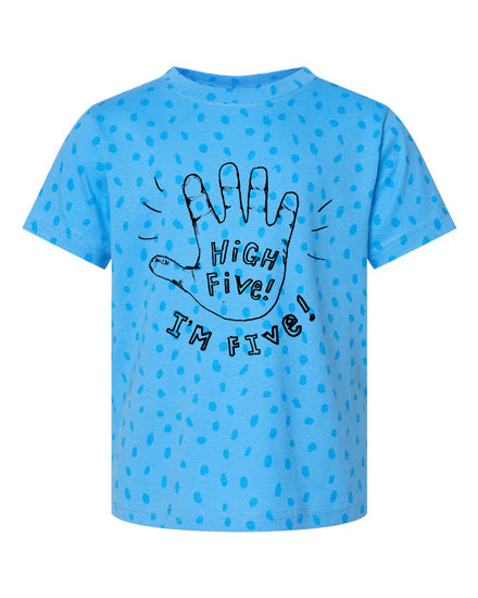A blue polka dot t-shirt with a handprint graphic and the text "High Five! I'm five!" printed on it.