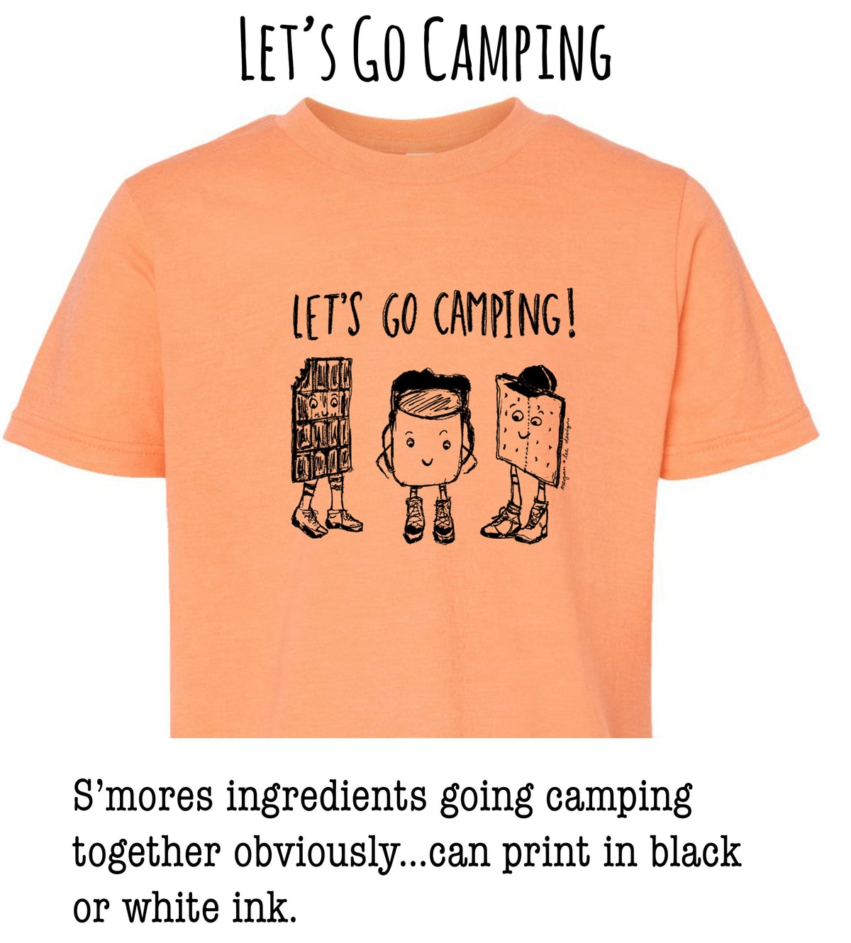 An orange t-shirt with a graphic design featuring three cartoon characters and the text "Let's go camping!"