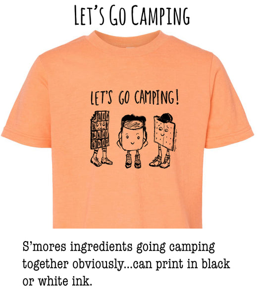 An orange t-shirt with a graphic design featuring three cartoon characters and the text "Let's go camping!"