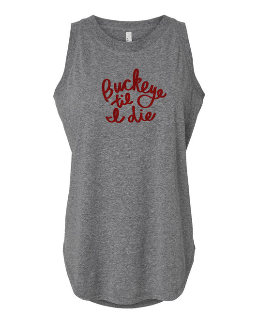 A gray sleeveless tank top with a red text design on the front.
