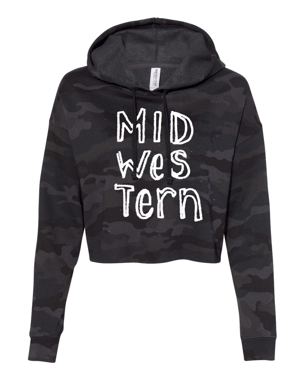 A black hooded sweatshirt with the text "Mid Western" printed on it in white.