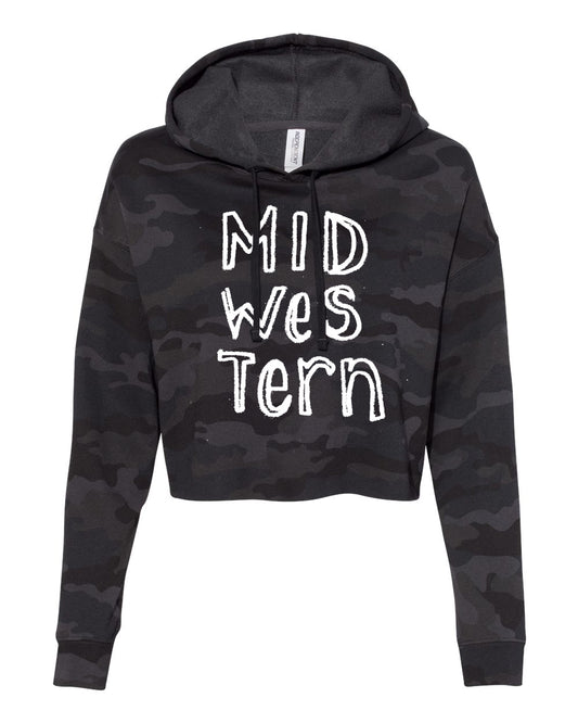 A black hooded sweatshirt with the text "Mid Western" printed on it in white.