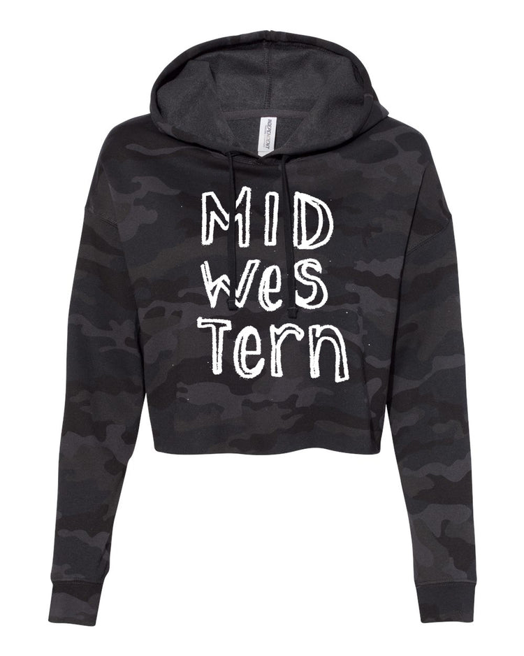 A black hooded sweatshirt with the text "Mid Western" printed on it in white.