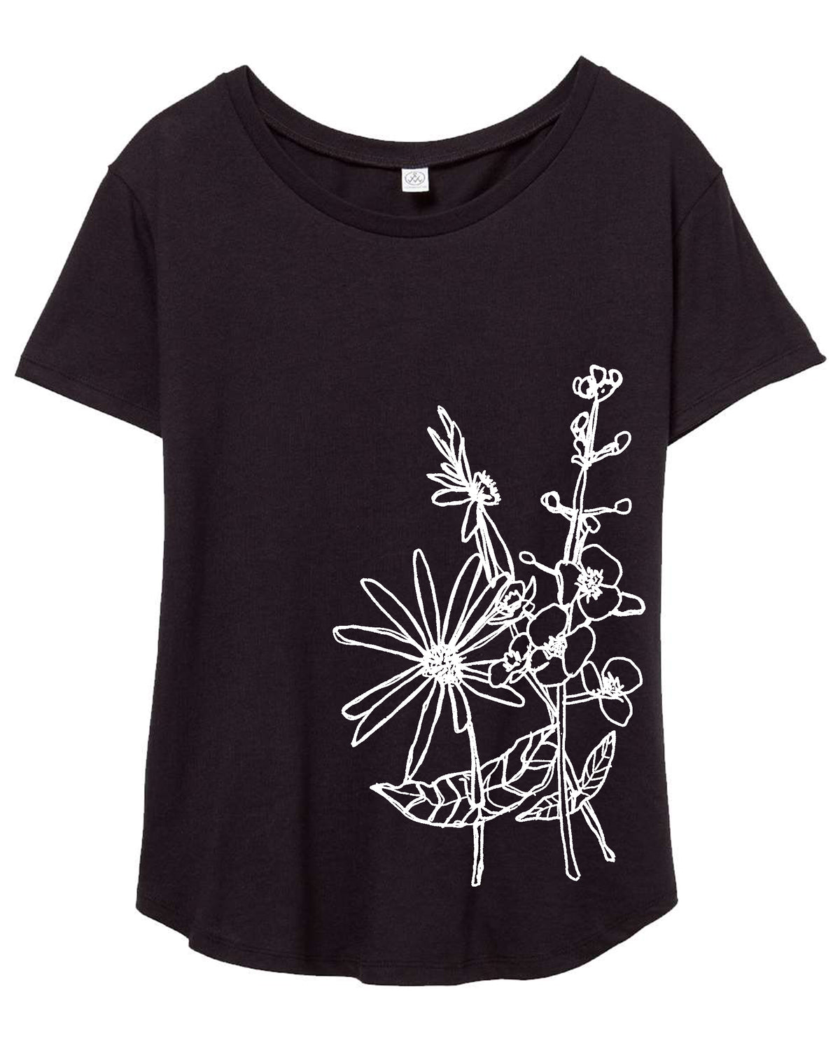 A black t-shirt with a white floral design on the left side.