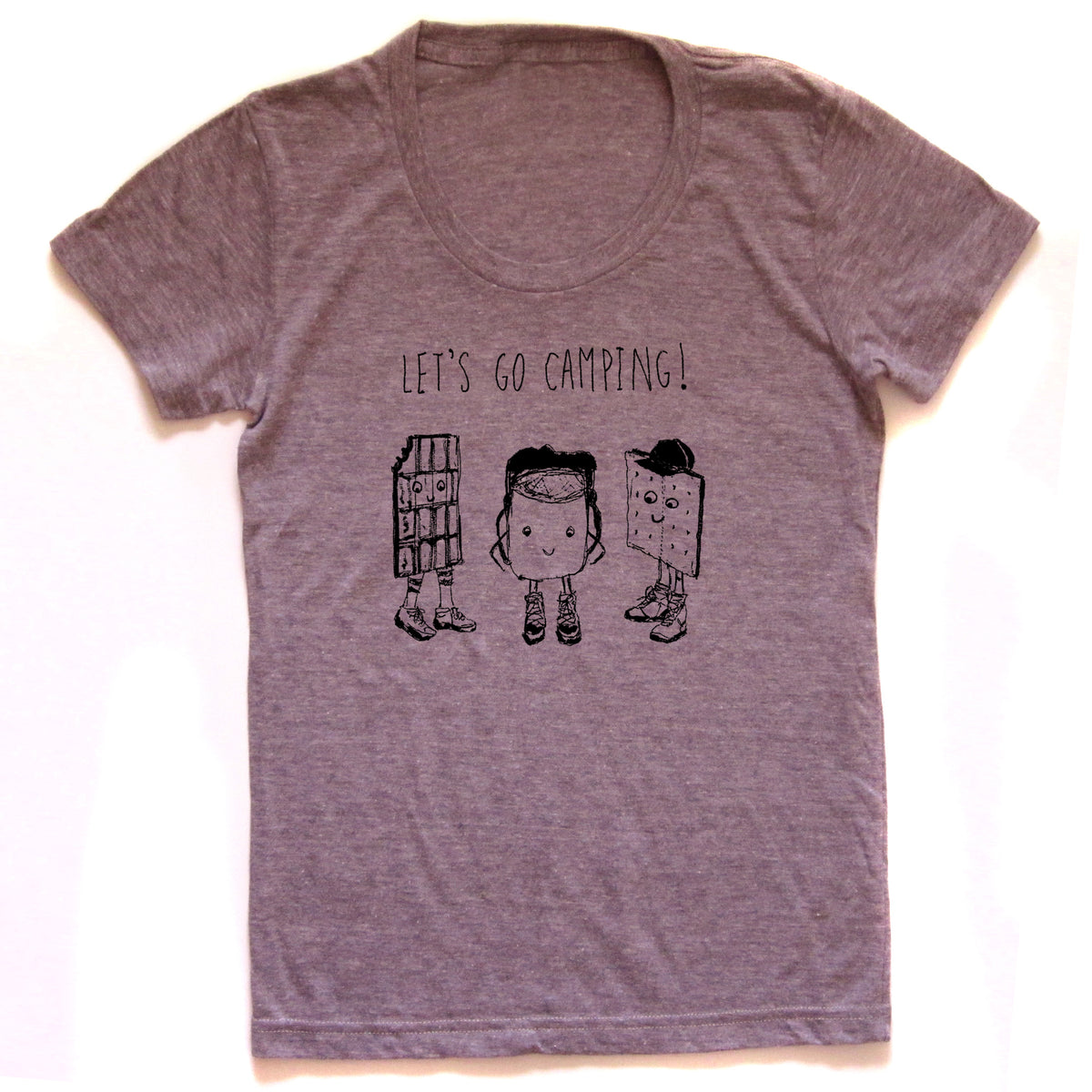A gray t-shirt with a graphic design featuring three anthropomorphic objects, including a chocolate bar, a book, and a person, along with the text "LET'S GO CAMPING!"