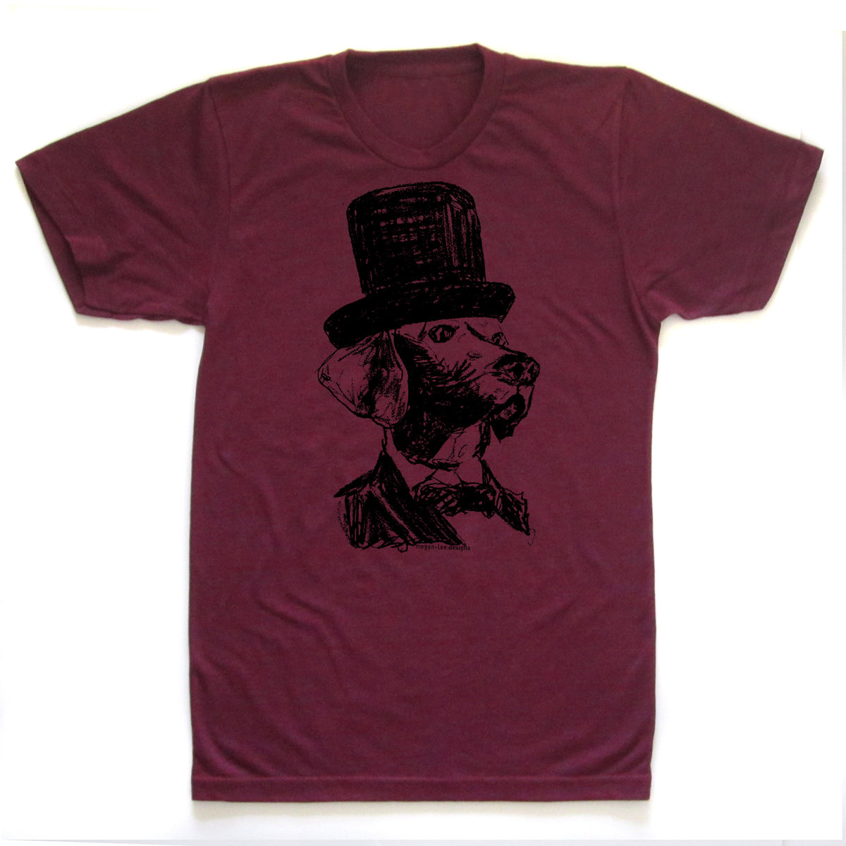 A burgundy-colored t-shirt with a black and white illustration of a dog wearing a top hat.