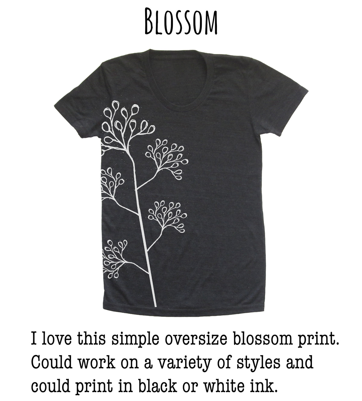 A black t-shirt with a simple white floral design on the side.