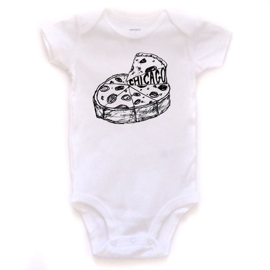 A white onesie with a black and white graphic of a pizza with the word "CHICAGO" written on it.