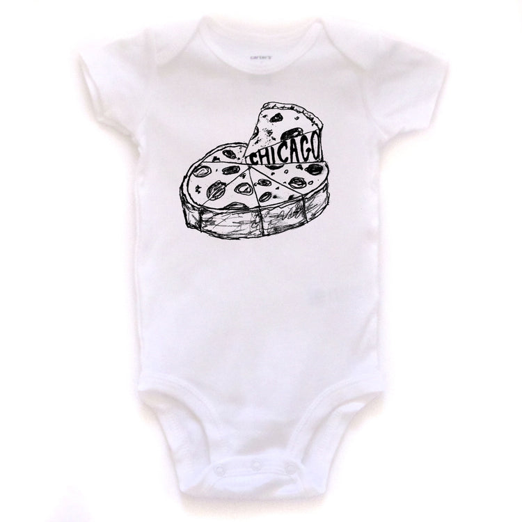 A white onesie with a black and white graphic of a pizza with the word "CHICAGO" written on it.