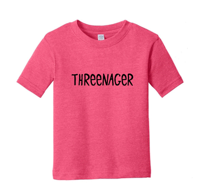 A bright pink t-shirt with the text "THREEENAGER" printed on it.
