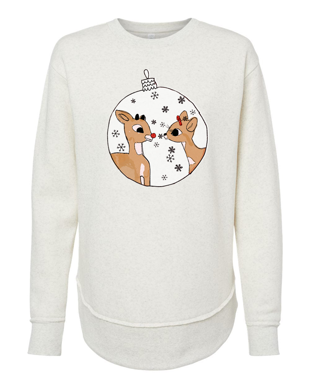 A white long-sleeved sweatshirt with a graphic design featuring two cartoon reindeer inside a snow globe.