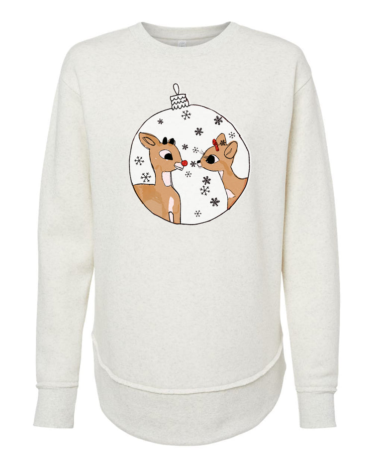 A white long-sleeved sweatshirt with a graphic design featuring two cartoon reindeer inside a snow globe.