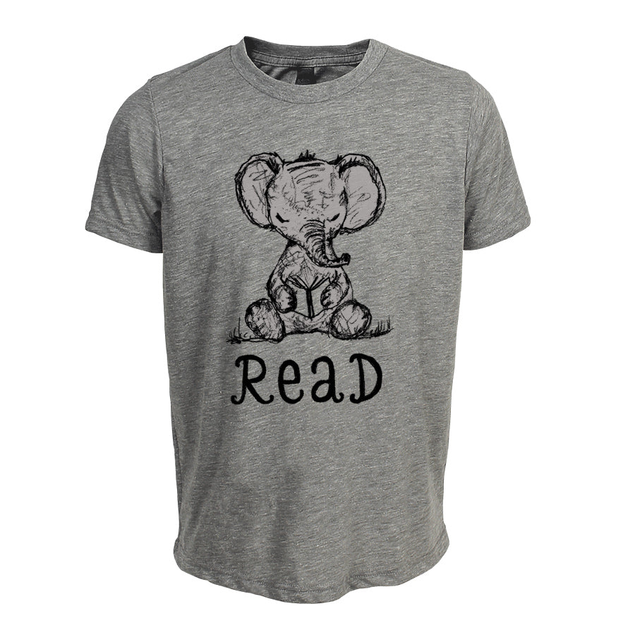 A gray t-shirt with a black and white illustration of a baby elephant and the text "Read" below it.