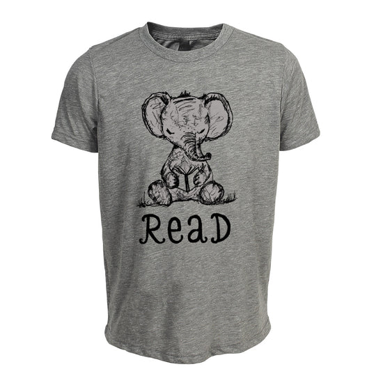 A gray t-shirt with a black and white illustration of a baby elephant and the text "Read" below it.
