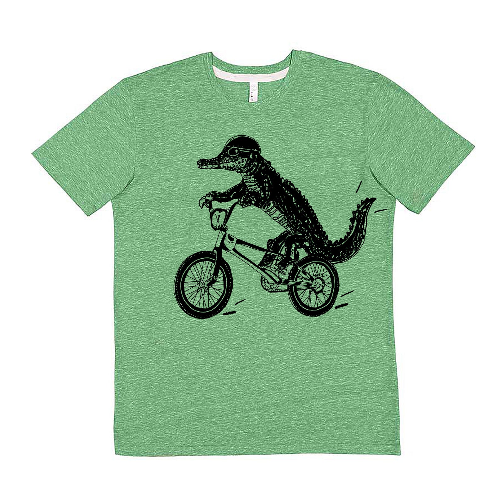 A green t-shirt with a black graphic of a crocodile riding a bicycle.