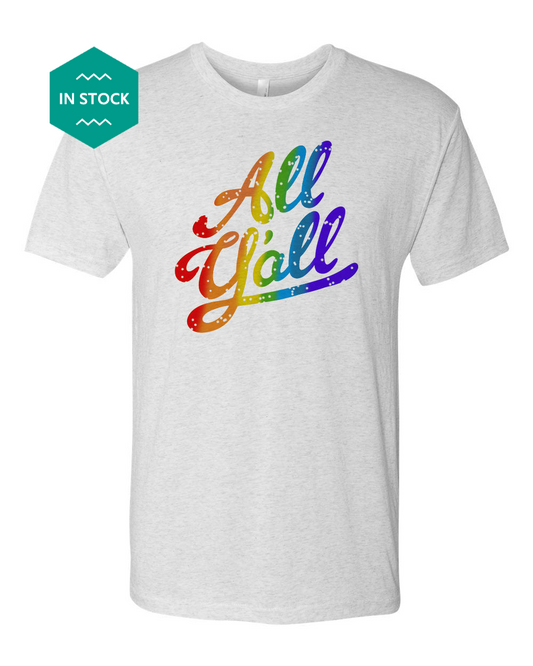 a white t - shirt with the words all girls in rainbow letters