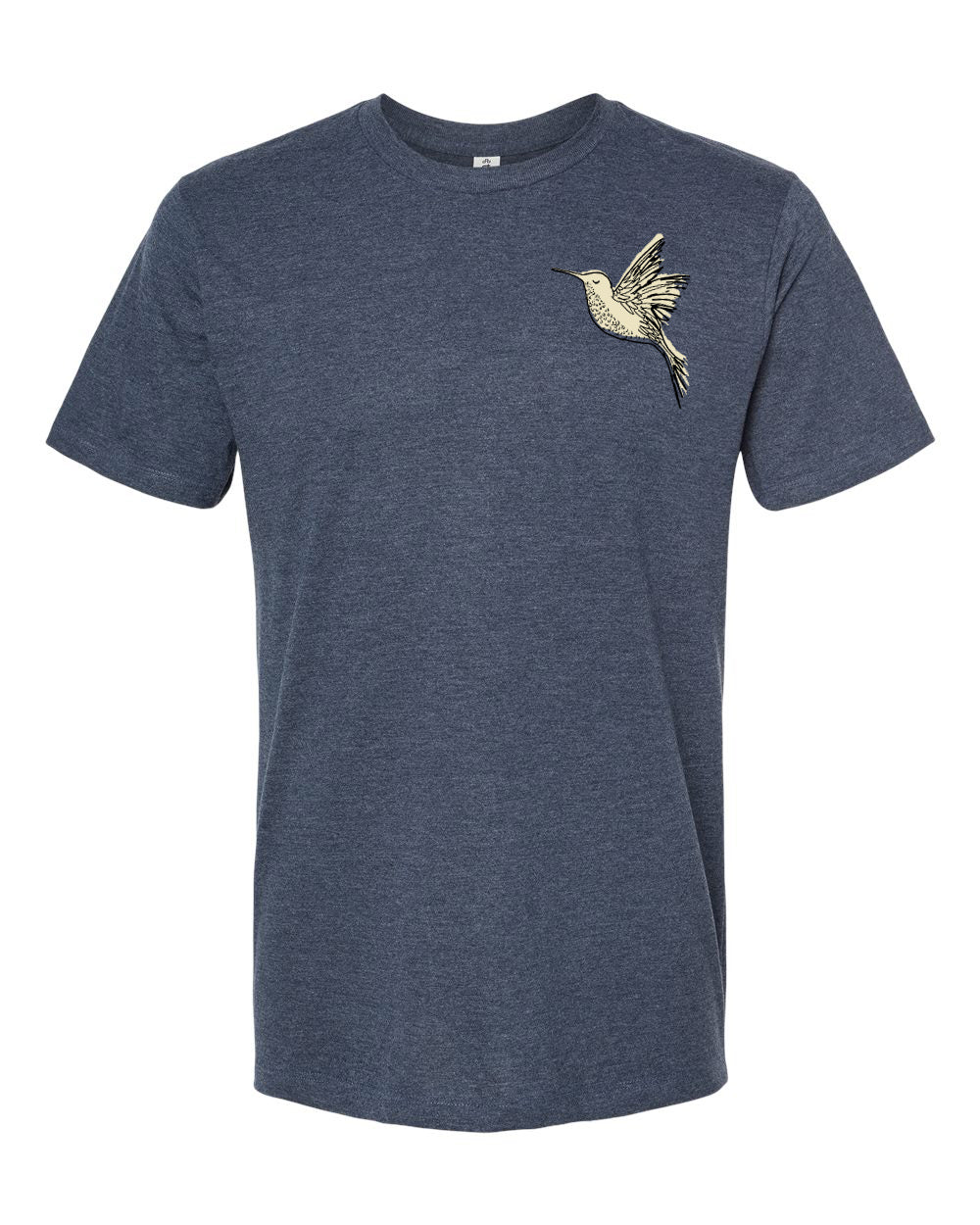 A gray t-shirt with a small, detailed bird illustration on the left side.