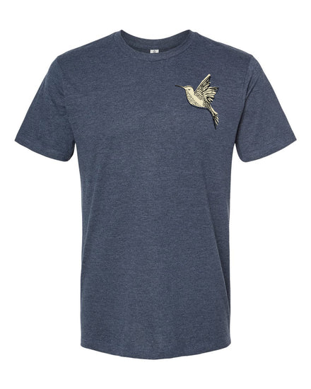 A gray t-shirt with a small, detailed bird illustration on the left side.