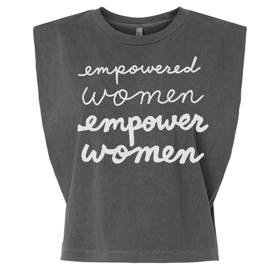 A gray t-shirt with the text "empowered women empower women" printed on it in white cursive font.