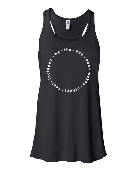 A black tank top with a white circular design on the front.