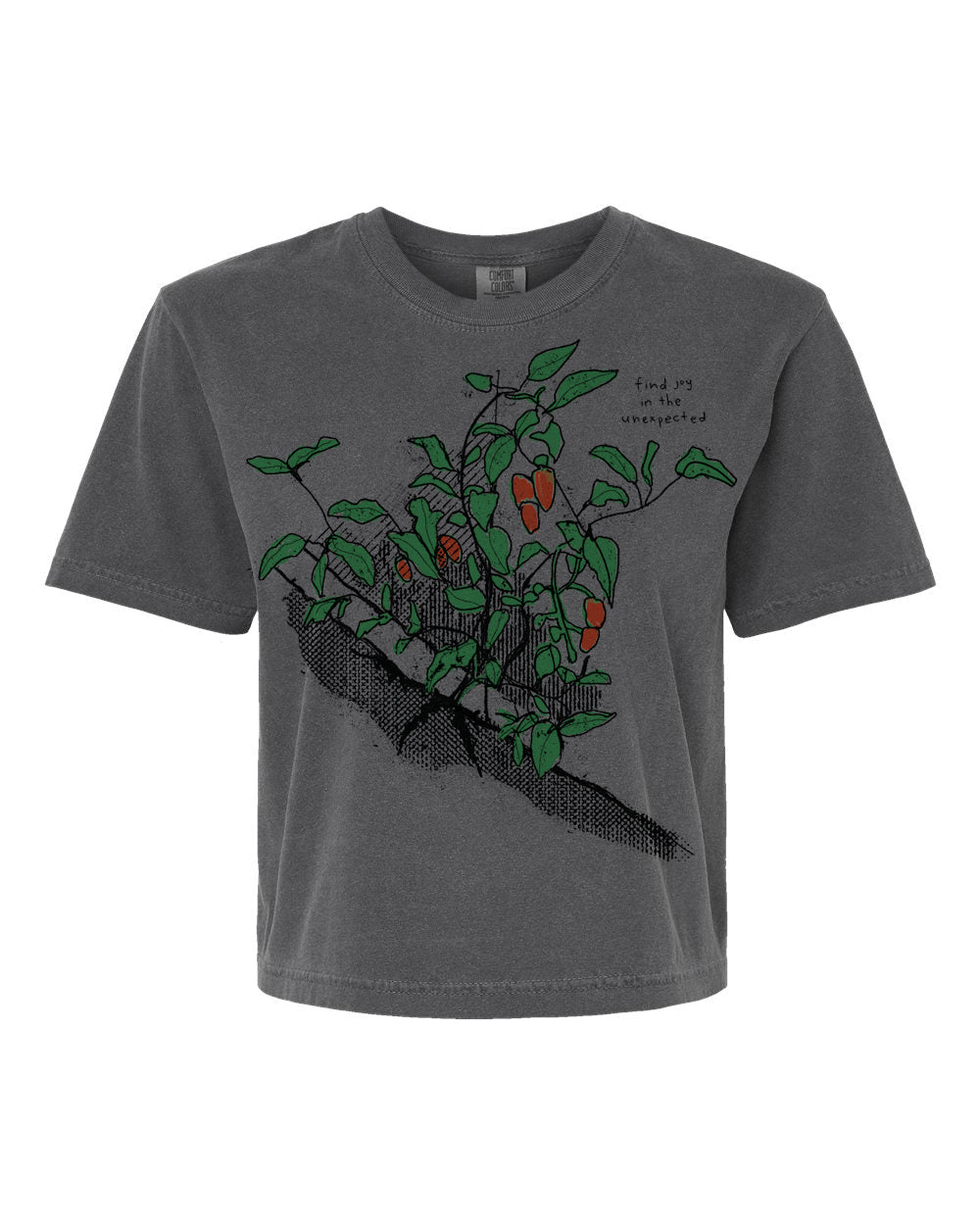 A gray t-shirt with a graphic design depicting a plant with green leaves and orange flowers.