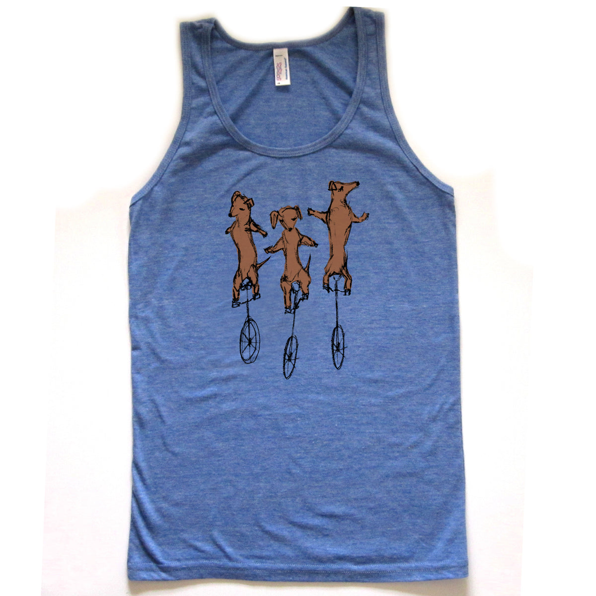 A blue tank top with a graphic design depicting three brown dogs riding on unicycle wheels.